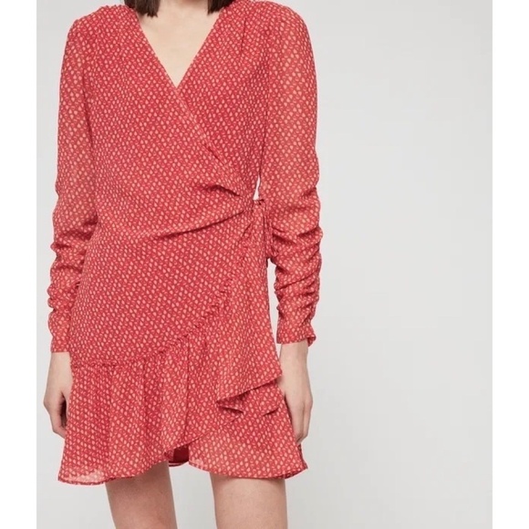 ALLSAINTS Flores Heart Print Wrap Dress Ruched Ruffle Red All Saints X-Small - Picture 7 of 16